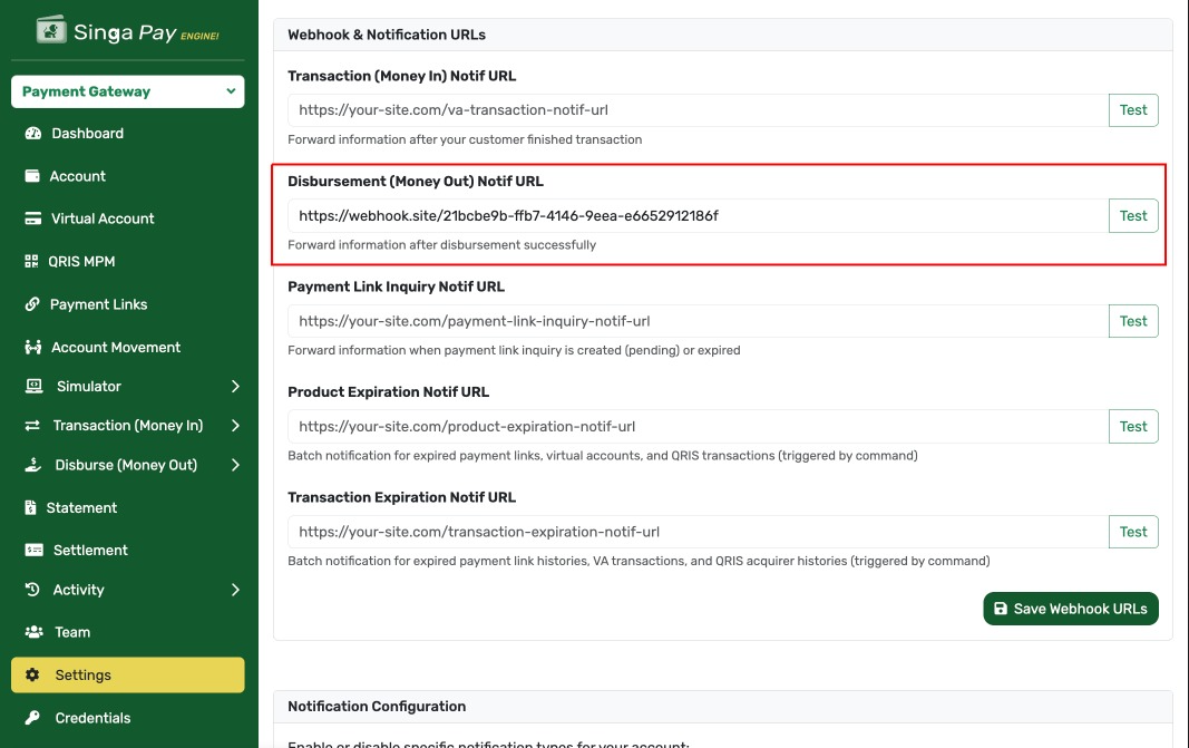 Disbursement Notification URL Configuration