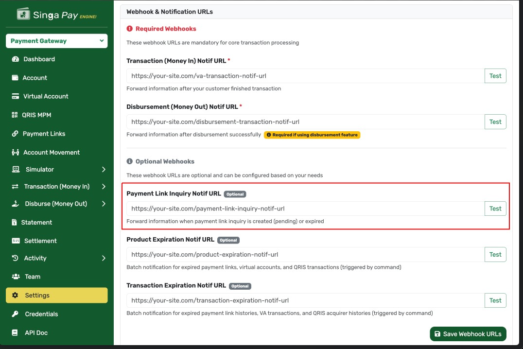 Transaction Notification URL Configuration