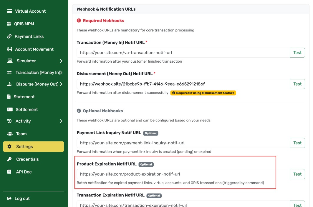 Transaction Notification URL Configuration
