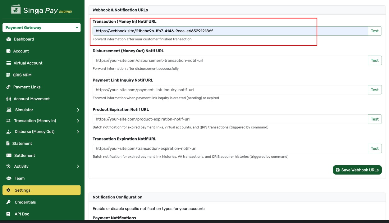 Transaction Notification URL Configuration